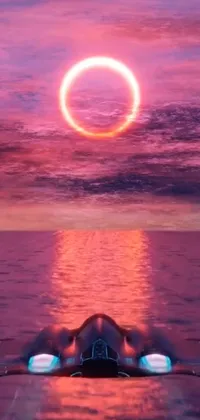 This live phone wallpaper showcases a surreal scene of a floating figure on top of a body of water, set against a dramatic backdrop of a solar eclipse and crimson halo