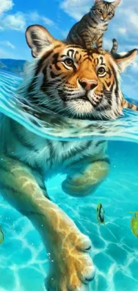 This phone live wallpaper features a unique and photorealistic painting of a cat sitting on top of a tiger in crystal clear blue water