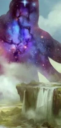 This live wallpaper showcases an epic fantasy scene featuring a character standing at the edge of a cliff overlooking a breathtaking waterfall
