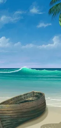 This live phone wallpaper displays a stunning digital painting of a boat on a bright, sandy beach in Jamaica