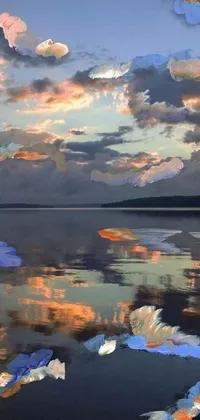 This live phone wallpaper showcases a beautiful digital painting of cloudy skies reflecting on the serene waters of a lake at dusk