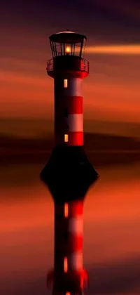 This vertical phone live wallpaper features a stunning red and white lighthouse sitting atop a body of water