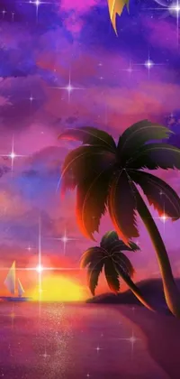 This phone live wallpaper boasts a serene sunset scene with swaying palm trees and a sailboat on calm waters
