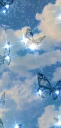 This stunning live wallpaper captures the grace of a group of butterflies in flight against a backdrop of ethereal lights and celestial bodies