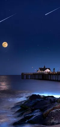 This phone live wallpaper features a stunning pier illuminated by a full moon in the sky, while stars twinkle brightly