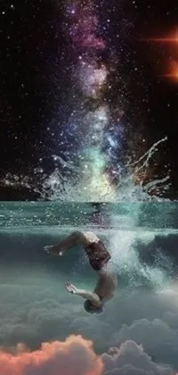 This phone live wallpaper features a mesmerizing image of a man swimming under the night sky