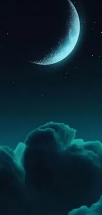 This live wallpaper features a stunning digital art depiction of a night sky with a crescent moon and clouds in a beautiful teal aesthetic