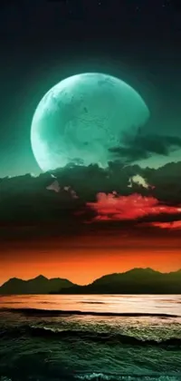 This phone live wallpaper features a serene and enchanting full moon hanging over a peaceful body of water