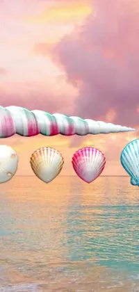 This stunning live wallpaper features a digital rendering of seashells floating in the ocean, surrounded by vaporwave colors in hues of pink, white, turquoise, and purple