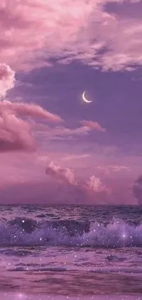 Transport yourself to a serene beach with the captivating Phone Live Wallpaper featuring rolling waves and moonlit purple hues