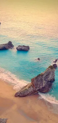 This live wallpaper depicts a beautiful Caribbean beach with sandy shores, turquoise waters, and detailed rocks