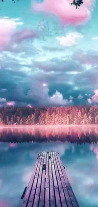 Upgrade the visual appeal of your phone with a stunning live wallpaper featuring a serene dock resting on a serene lake, bordered by a lush forest