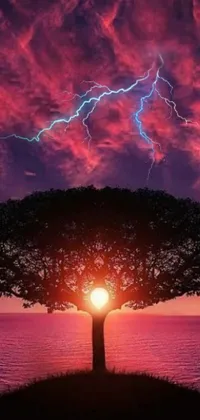 This surrealistic phone live wallpaper features a vibrant and energized tree with lightning arc plasma coursing through its branches