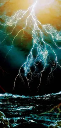 This live wallpaper showcases the power and beauty of nature with a digital rendering of lightning striking over a body of water