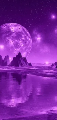 This stunning phone live wallpaper features a dark purple sky, scattered with twinkling stars over a tranquil body of water