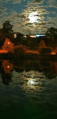 This mobile live wallpaper features a serene body of water with a full moon glowing in the background, providing a beautiful city park setting during an autumn night