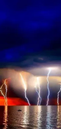 This live wallpaper features a stunning body of water with vivid blue and orange lightning bolts