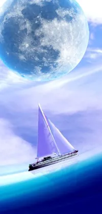 This phone live wallpaper depicts a serene sailboat floating on calm ocean waters illuminated by a glowing full moon
