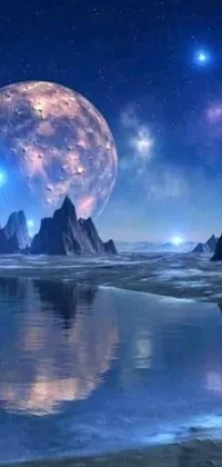 Bring the beauty of space and nature to your phone with this incredible live wallpaper! Enjoy a breathtaking view of water and mountains, paired with stunning space art, including a mesmerizing moon orbiting other moons
