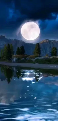 This phone live wallpaper features a stunning digital art piece showcasing a beautiful full moon reflected in a serene body of water