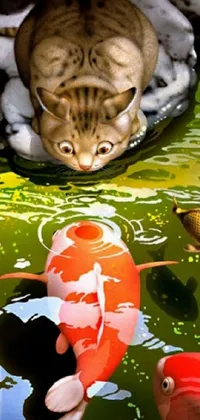 This striking phone live wallpaper depicts a photorealistic cat observing koi fish during a peaceful pond scene