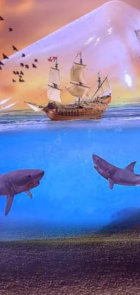 "Get mesmerized with this stunning live wallpaper for your phone featuring a ship in a bottle with sharks, designed in a detailed airbrush painted style