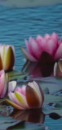 Download this stunning phone live wallpaper of a serene lake with a beautiful group of water lilies floating on the surface