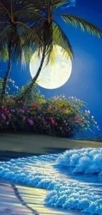 This stunning live wallpaper depicts a beautiful beach with palm trees, a full moon, and a fantastic and realistic touch