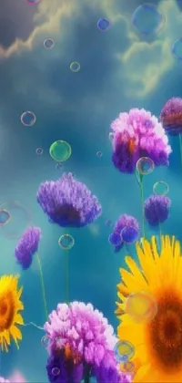 Decorate your phone screen with a delightful live wallpaper featuring a field of purple and yellow flowers dancing in the wind under a cloudy sky