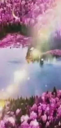 This phone live wallpaper features a body of water surrounded by purple flowers nestled within a forest