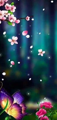 This live wallpaper features a beautiful purple butterfly atop a lush green field surrounded by falling cherry blossom petals