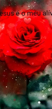 This phone live wallpaper showcases a gorgeous red rose close-up with dew drops, painted in a digital style