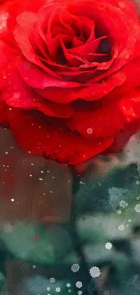 This phone live wallpaper boasts a stunning digital mixed media painting of a red rose with water droplets