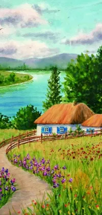 This stunning live wallpaper features a charming painting of a farm with a thatched roof, located beside a serene river and surrounded by verdant meadows on the rolling hills