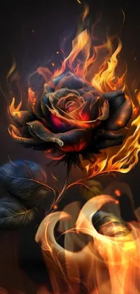 This phone live wallpaper showcases a captivating digital art of a flaming rose, perfect for enthusiasts of aetherpunk airbrush design