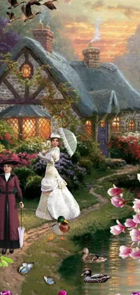 This mobile wallpaper features a stunning painting of a couple in front of a whimsical cottage, inspired by classic fantasy art