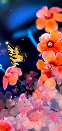 This phone live wallpaper shows a colorful butterfly sitting on a bed of flowers, set in a serene digital art representation of nature