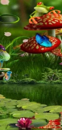 This stunning phone live wallpaper depicts a charming frog resting on a mushroom beside a tranquil pond