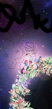 This stunning phone live wallpaper features a digital drawing of a man sitting on a wreath of beautiful flowers in space