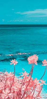 This live phone wallpaper features a stunning body of water with gorgeous pink flowers in the forefront, set against a captivating and surreal digital ocean drawing