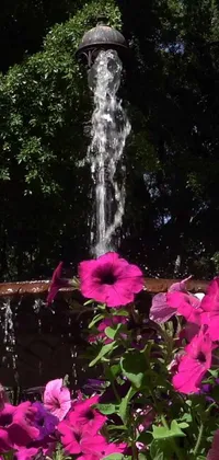 Enhance your phone screen with a stunning live wallpaper of a tranquil fountain adorned with beautiful flowers in the front and tall trees in the back