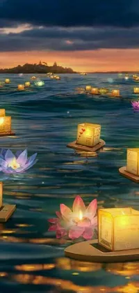 This digital art live wallpaper features a group of floating lanterns gently swaying in the breeze above a body of water
