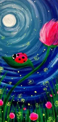 This phone live wallpaper features a charming painting of a ladybug perched atop a colorful flower, set against a magical night sky