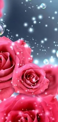 This phone live wallpaper features red roses sitting on a table, digital art by Florianne Becker, pixabay, with floating bubbles and pink diamonds, offering a stunning close-up view of the intricate details of the beautiful flowers