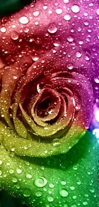 This phone live wallpaper features a stunning rainbow rose with water droplets on its petals