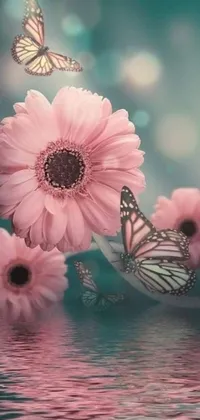 This lovely live wallpaper features a group of pink flowers floating on a calm body of water, with butterflies flitting in the foreground