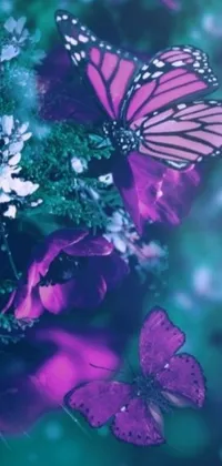 This stunning phone live wallpaper features animated purple and white flowers and butterflies dancing in the wind
