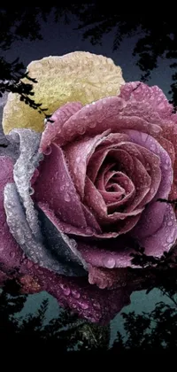 This live wallpaper showcases a breathtaking close up of a rose with glistening water droplets on richly colored petals