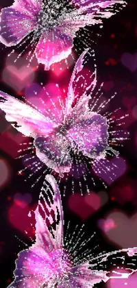 This Live Wallpaper features a group of stunning purple butterflies in flight against a glittering, digital art background of beautiful flowers and crystals