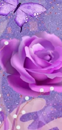 This exquisite phone live wallpaper depicts a stunning purple rose amidst a flurry of purple butterflies